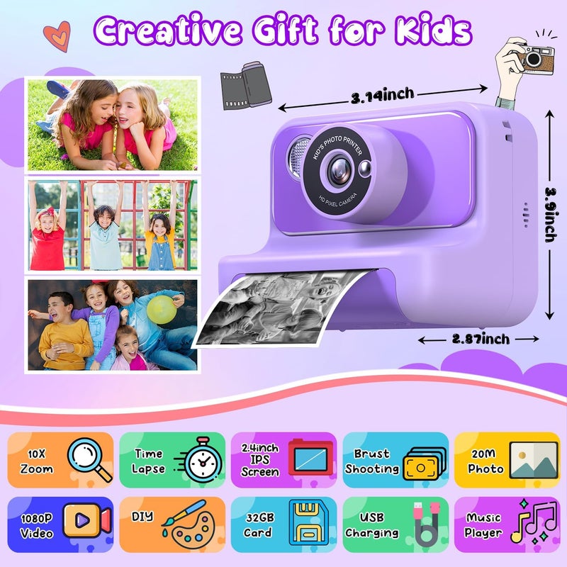Gofunly Kids Camera Instant Print, Christmas Birthday Gifts for Girls and Boys, 1080P HD Video Digital Kids Camera with 32G Card, Toddler Camera for 3-12 Years Old, Purple - Image 2